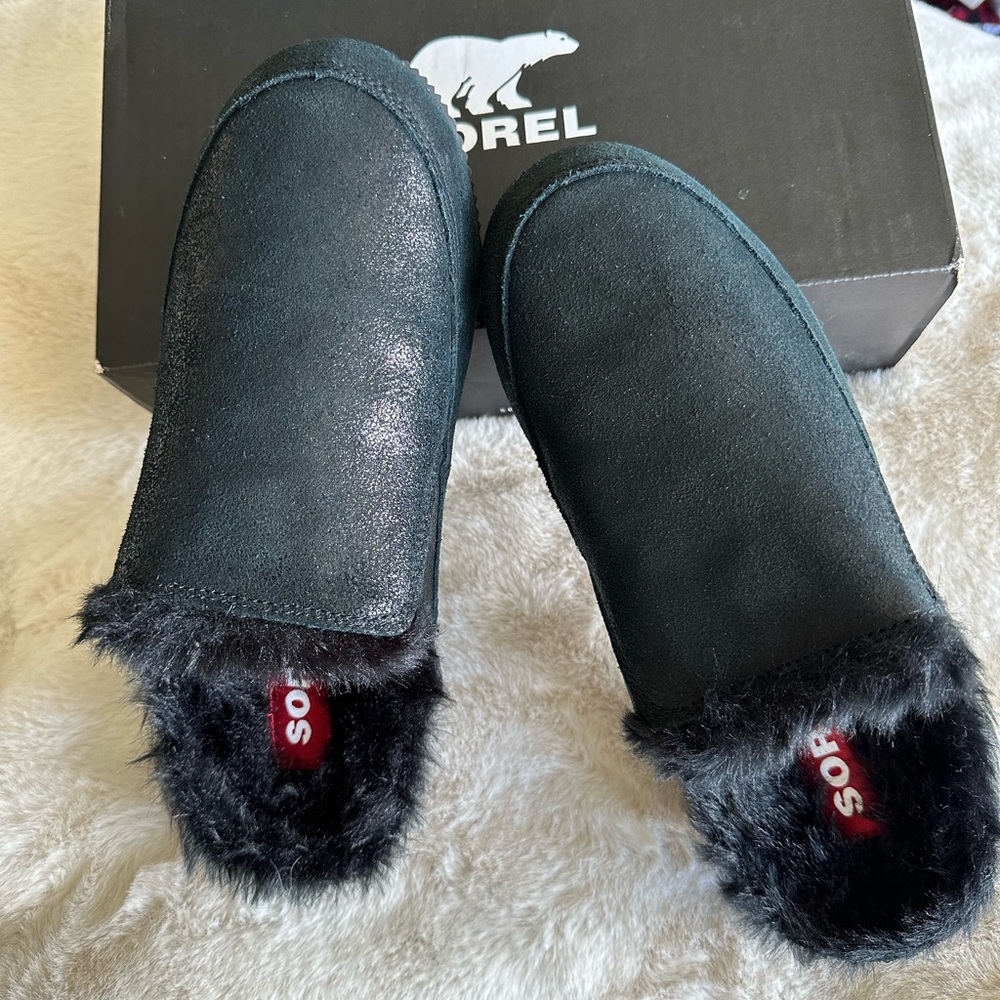 Sorel Go Errand Run Black Slippers Indoor/Outdoor Faux Fur Women’s 10